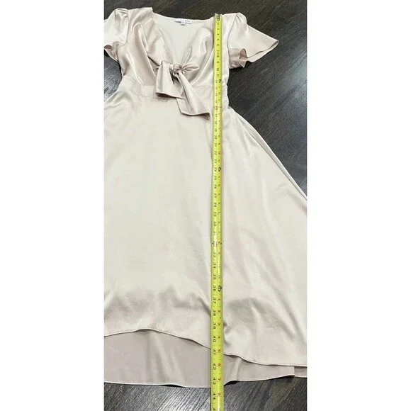 Baltic Born Poppy Satin Midi Dress XS Knot Front Flutter Sleeve Champagne Tie - Picture 8 of 11